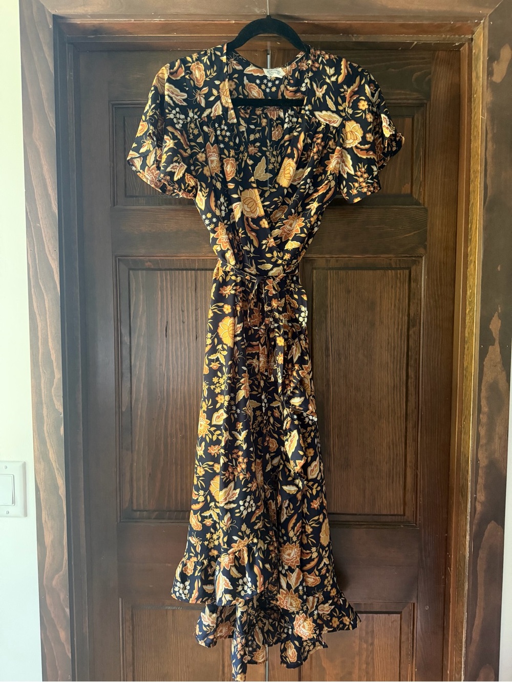 Floral Wrap Midi Dress in Navy and Mustard